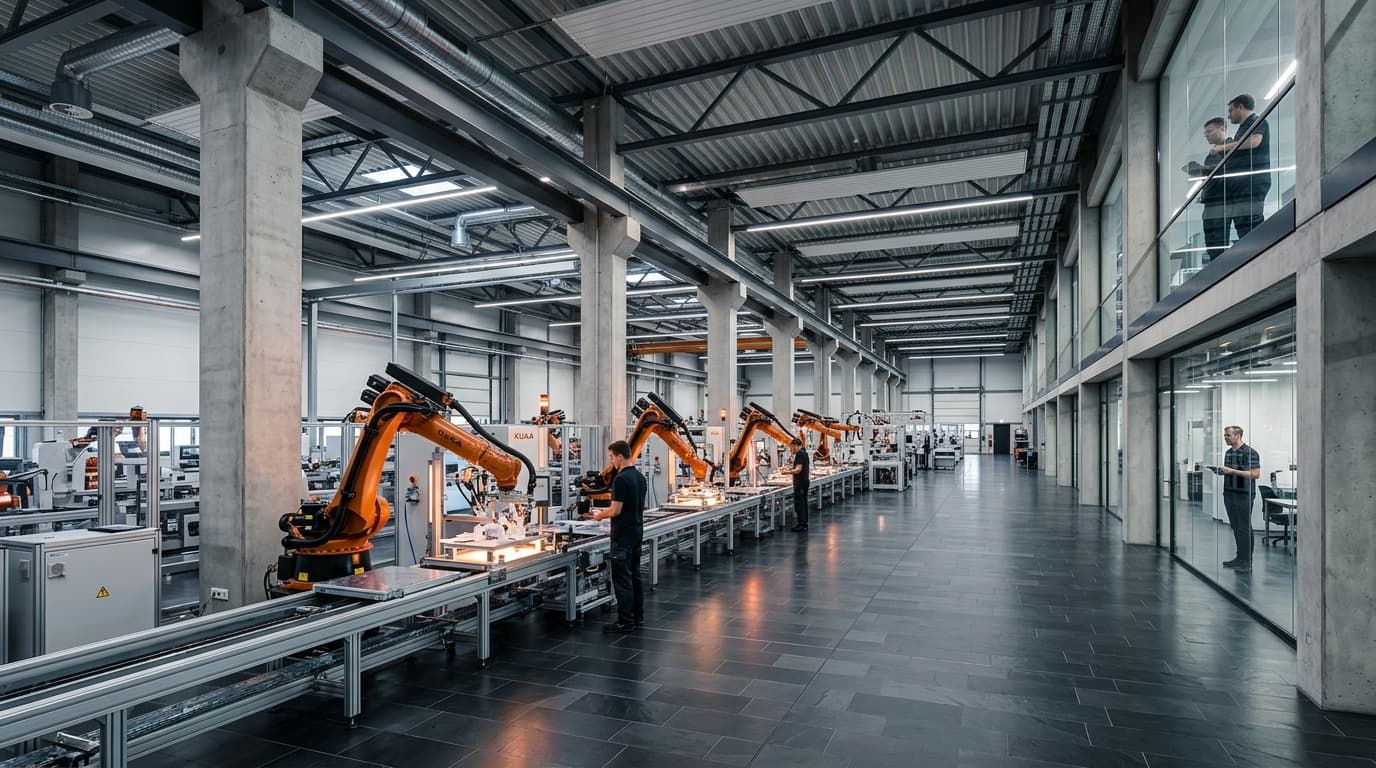 Operators working alongside automated assembly lines on a production floor